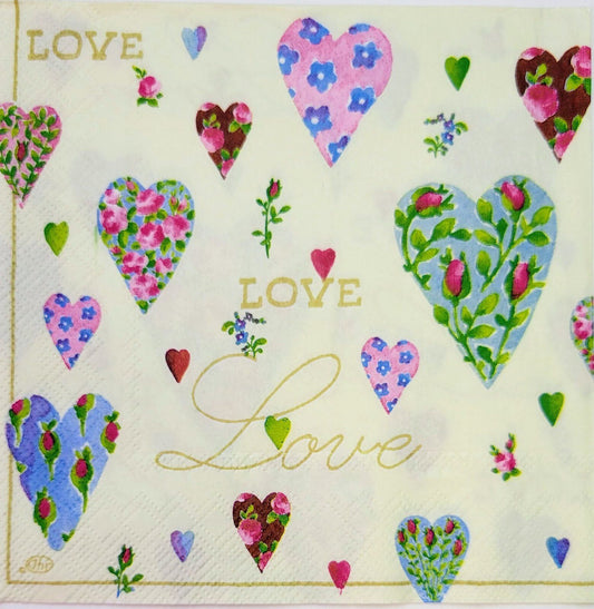 TWO Individual Paper Lunch Decoupage Napkins - 2160 Love Hearts Scripted Cream