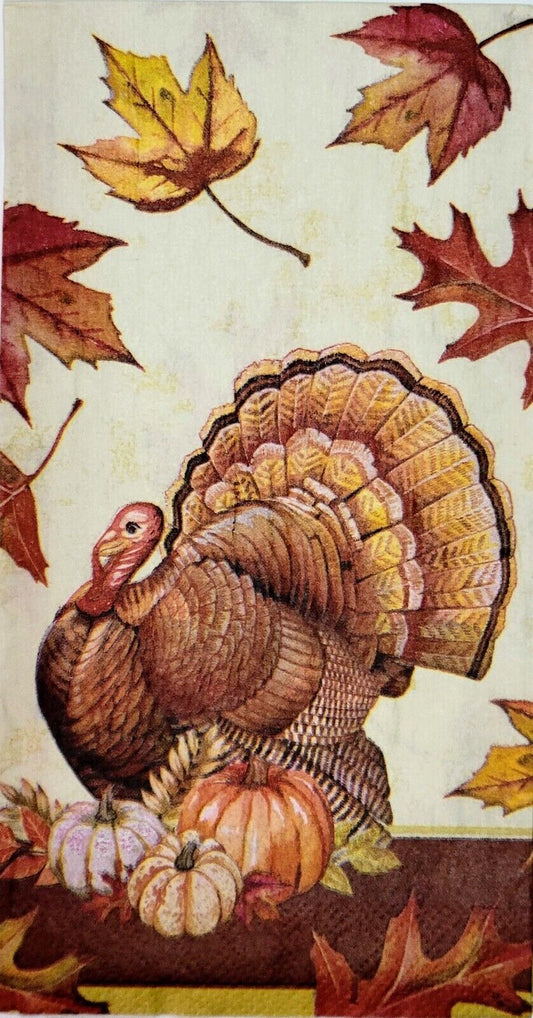 TWO Individual Paper Guest Decoupage Napkins - 2101 Thanksgiving Turkey & Leaves