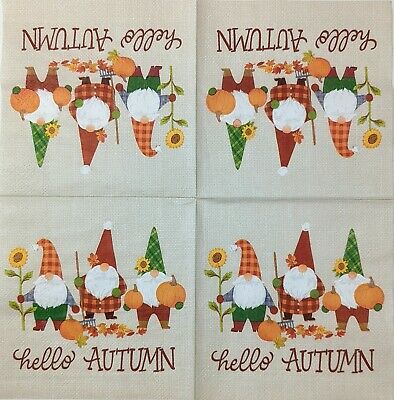 TWO Individual Paper Cocktail Decoupage Napkins - 1666 Hello Autumn Gnomes