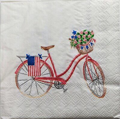 TWO Individual Paper Cocktail Decoupage Napkins - 1991 Red Bicycle with Flag