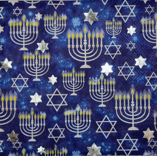 TWO Individual Paper Lunch Decoupage Napkins - 2293 Blue Hanukkah Menorah Stars