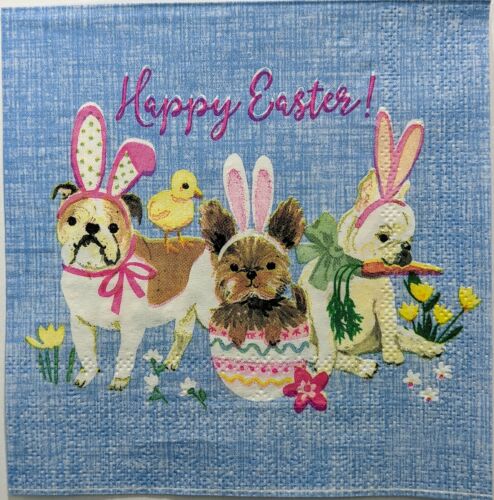 TWO Individual Paper Cocktail Decoupage Napkins - Denim Dog Easter Bunnies 1214