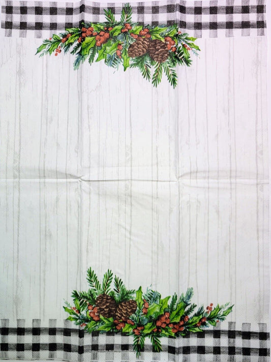 TWO Individual Paper Guest Decoupage Napkins - 2273 Winter Garland on Plaid