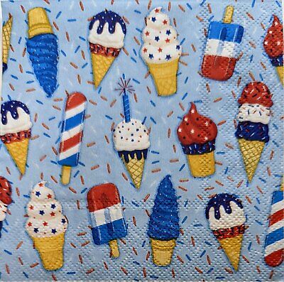 TWO Individual Paper Cocktail Decoupage Napkins - 1994 Patriotic Ice Cream