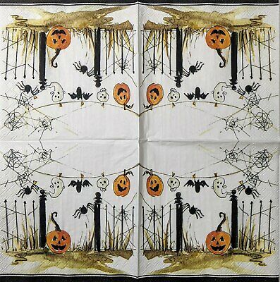 TWO Individual Paper Cocktail Decoupage Napkins - 1585 Halloween Spooky Fence