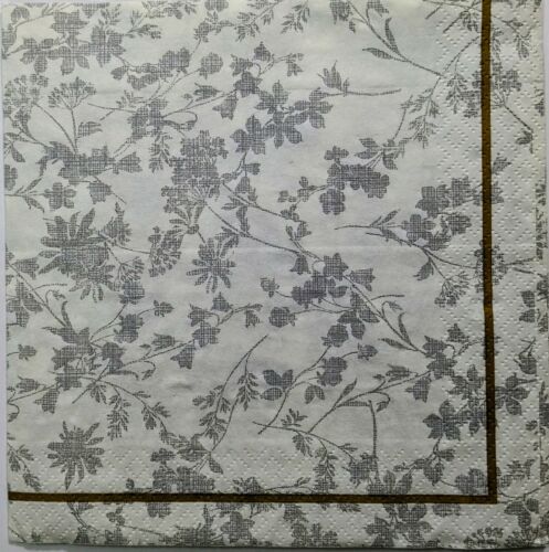 TWO Individual Paper Lunch Decoupage Napkins - Gray Flora w/Gold Border 1263