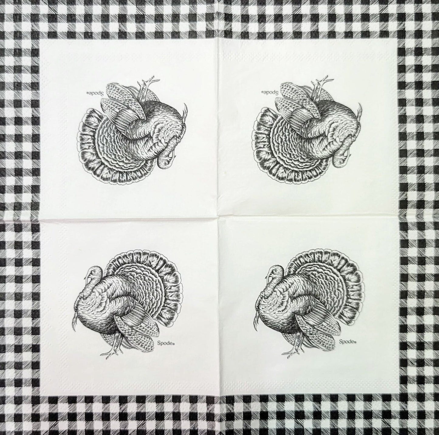 2 Individual Paper Cocktail Decoupage Napkins- 2075 Black & White Gingham Turkey