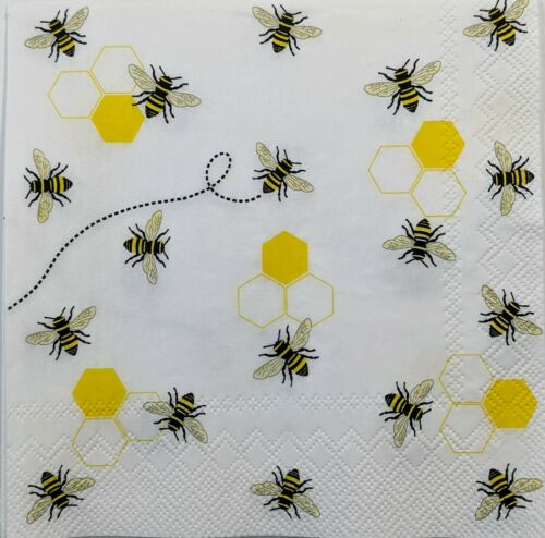 TWO Individual Paper Cocktail Decoupage Napkins - Buzzing Bees Yellow/Black 1232