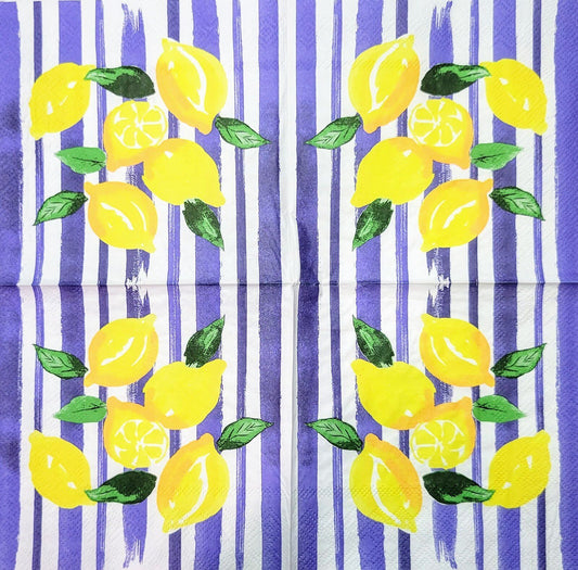 2 Individual Paper Cocktail Decoupage Napkins - 2069 Blue Striped Lemons