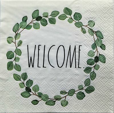 TWO Individual Paper Cocktail Decoupage Napkins - 1415 Welcome Eucalyptus Wreath