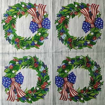 TWO Individual Paper Cocktail Decoupage Napkins - 1527 Patriotic Wreath w/ Bow