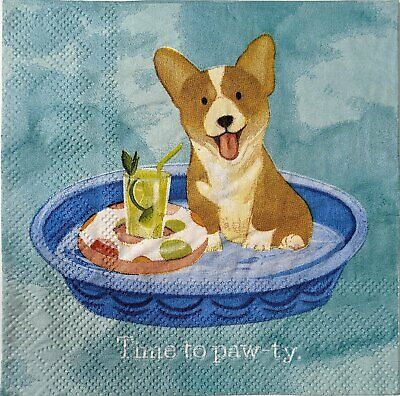 TWO Individual Paper Cocktail Decoupage Napkins - 1588 Corgi Paw-ty Time