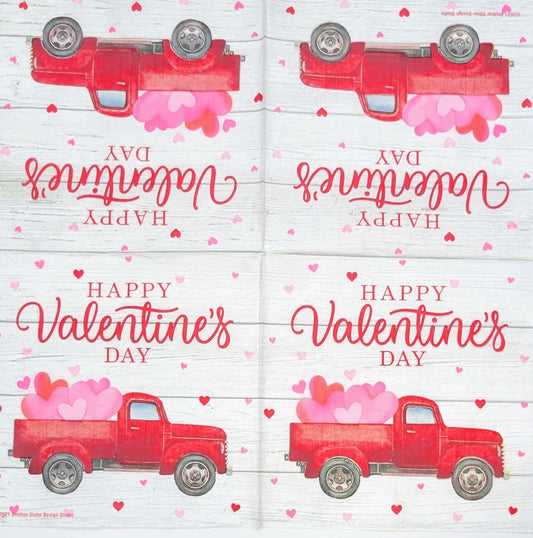 TWO Individual Paper Lunch Decoupage Napkins - 2297 Valentine's Day Red Truck