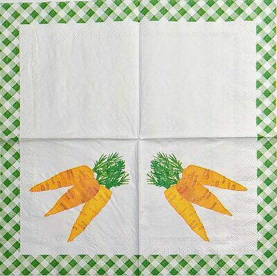 TWO Individual Paper Cocktail Decoupage Napkins - 1984 Carrots w/ Green Gingham