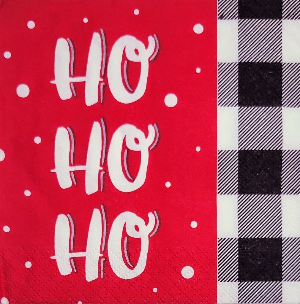 TWO Individual Paper Cocktail Decoupage Napkins- 2224 Ho Ho Ho Red w Black Check