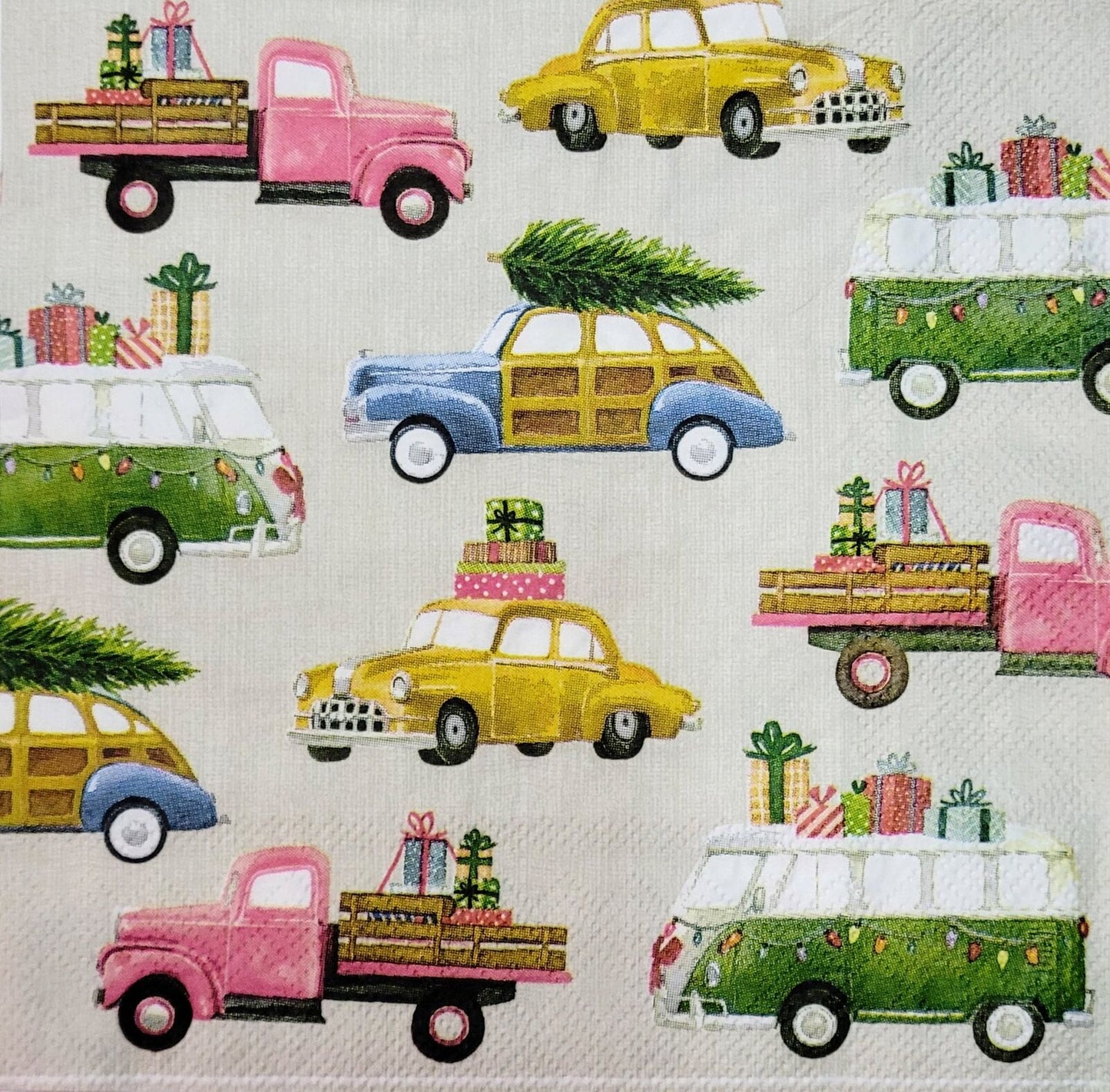 2 Individual Paper Lunch Decoupage Napkins - 2142 Nostalgic Christmastime Cars