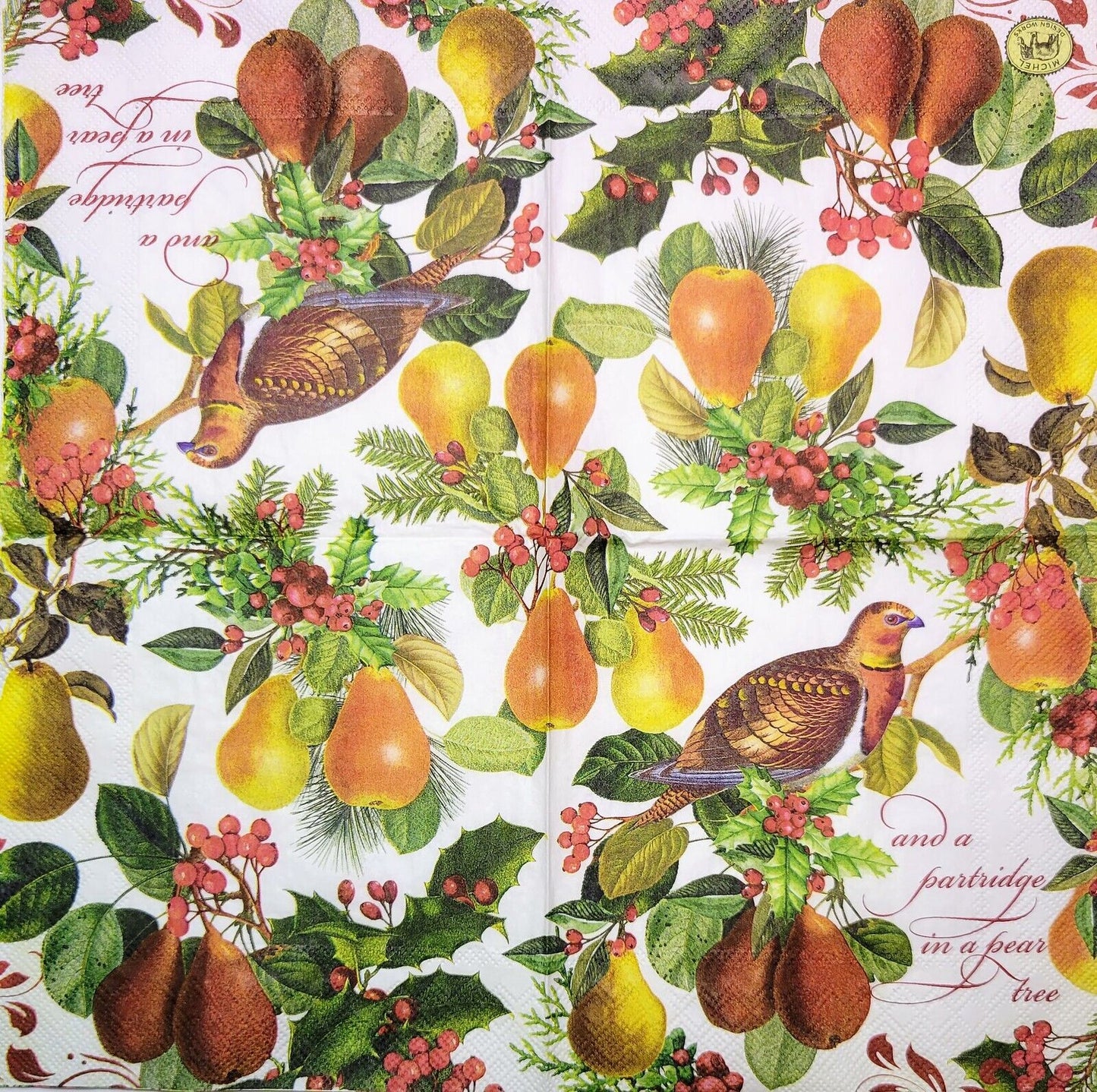 TWO Individual Paper Lunch Decoupage Napkins - 2279 Partridge in a Pear Tree