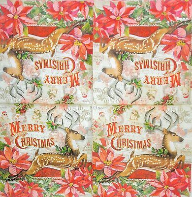 TWO Individual Paper Lunch Decoupage Napkins - 2043 Merry Christmas Reindeer