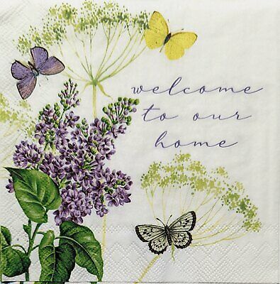 TWO Individual Paper Cocktail Decoupage Napkins- 1851 Fiona Lilac w/ Butterflies