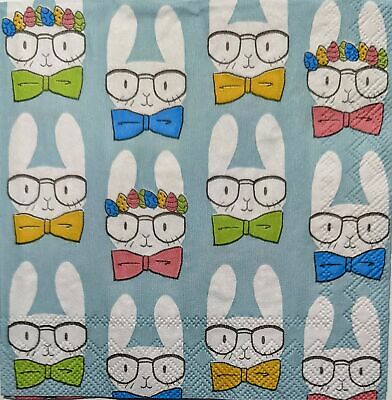 TWO Individual Paper Cocktail Decoupage Napkins - 1887 Bunnies w Glasses & Ties