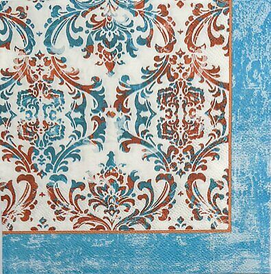 TWO Individual Paper Lunch Decoupage Napkins - 1976 Teal & Rust Damask