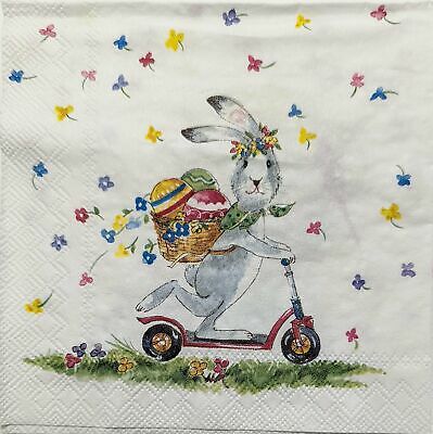 TWO Individual Paper Cocktail Decoupage Napkins - 1860 Easter Bunny Bicycle Ride