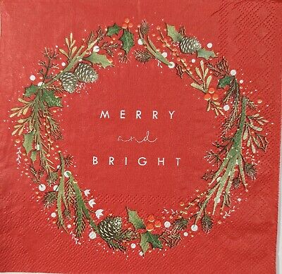 TWO Individual Paper Lunch Decoupage Napkins - 1728 Merry & Bright Wreath