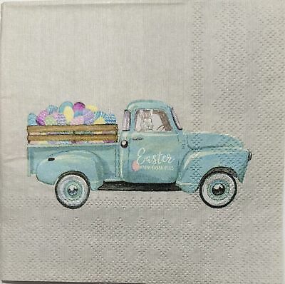 TWO Individual Paper Cocktail Decoupage Napkins - 1892 Easter Eggs in Blue Truck