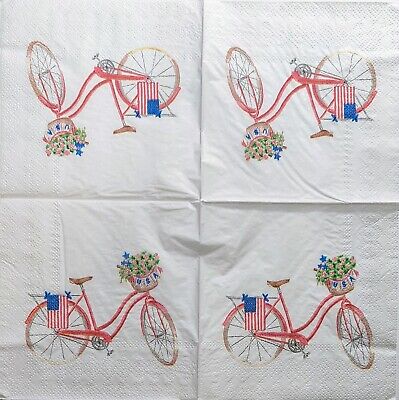 TWO Individual Paper Cocktail Decoupage Napkins - 1991 Red Bicycle with Flag