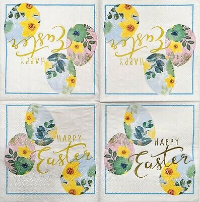 TWO Individual Paper Cocktail Decoupage Napkins - 1923 Foil Happy Easter Eggs