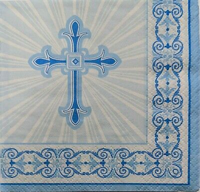 TWO Individual Paper Cocktail Decoupage Napkins - 1916 Blue Communion Cross