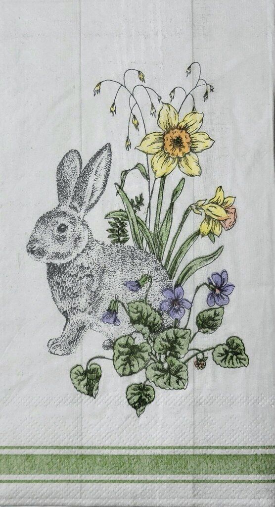 TWO Individual Paper Guest Decoupage Napkins- 2308 Easter Bunny and Daffodils