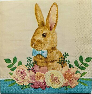 2 Individual Paper Cocktail Decoupage Napkins- 1815 Easter Bunny in Flower Patch