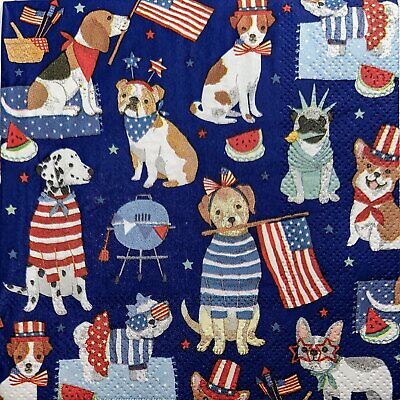 TWO Individual Paper Cocktail Decoupage Napkins - 1986 Patriotic Dogs