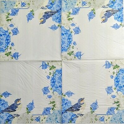 TWO Individual Paper Lunch Decoupage Napkins - 1977 Blue Songbird Hydrangea