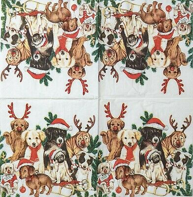 TWO Individual Paper Lunch Decoupage Napkins - 1718 Holiday Reindeer Dogs