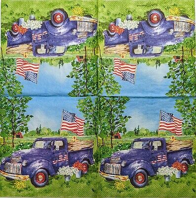 TWO Individual Paper Cocktail Decoupage Napkins - 1996 Blue Patriotic Truck