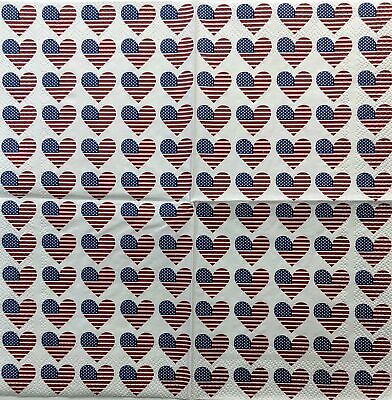 TWO Individual Paper Cocktail Decoupage Napkins - 1387 American Flag Hearts