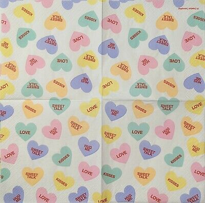 TWO Individual Paper Cocktail Decoupage Napkins - 1760 Valentine Candy Hearts