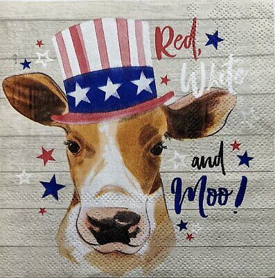 TWO Individual Paper Cocktail Decoupage Napkins - 1989 Red White & Moo Cow