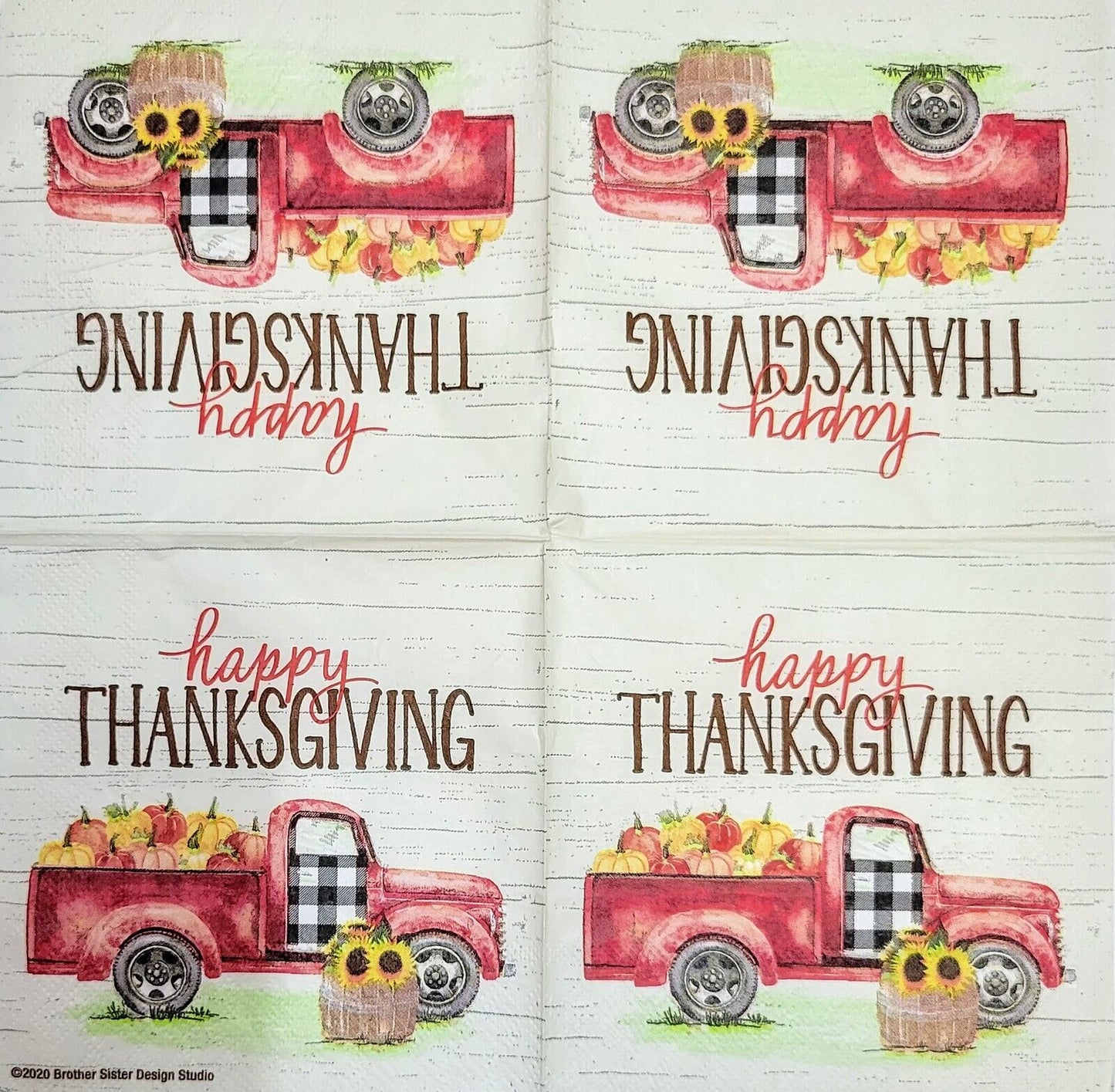 2 Individual Paper Cocktail Decoupage Napkins- 2091 Happy Thanksgiving Red Truck