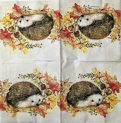 TWO Individual Paper Cocktail Decoupage Napkins - 1568 Fall Hedgehog Cuteness