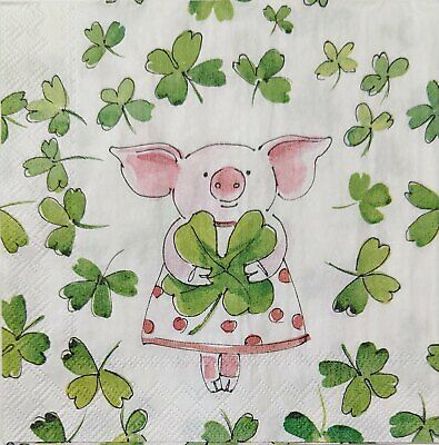 TWO Individual Paper Cocktail Decoupage Napkins - 1776 Pink Pig Shamrocks