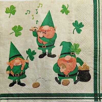 TWO Individual Paper Cocktail Decoupage Napkins- 1788 St Patty's Shamrock Gnomes