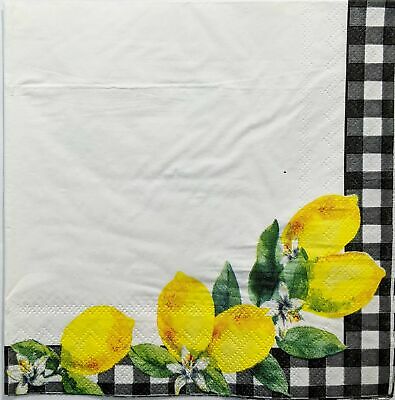 TWO Individual Paper Luncheon Decoupage Napkin - 1548 Lemons w/ Gingham Border