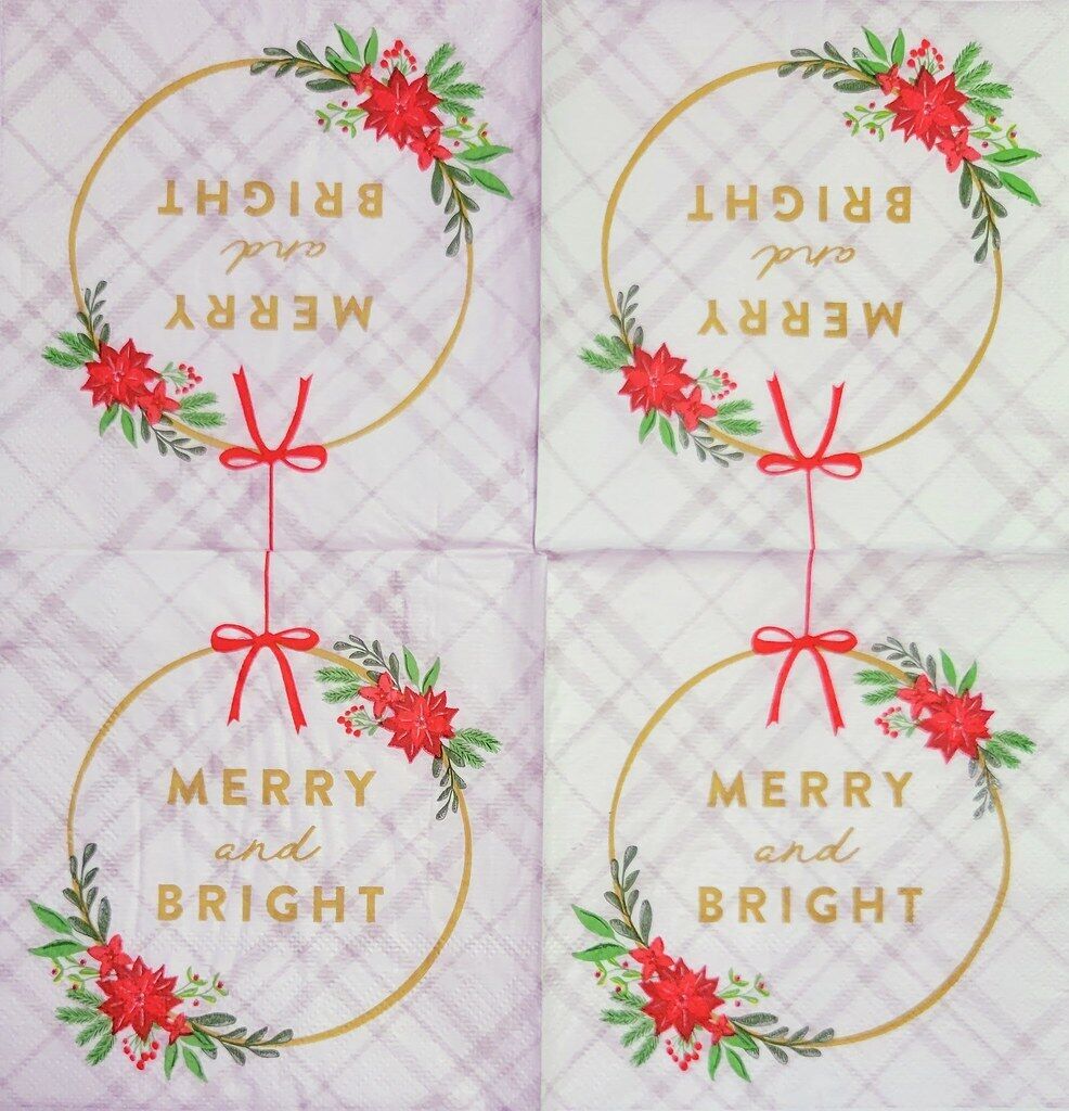 TWO Individual Paper Cocktail Decoupage Napkins- 2218 Merry & Bright Xmas Wreath