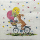 TWO Individual Paper Cocktail Decoupage Napkins - 1860 Easter Bunny Bicycle Ride