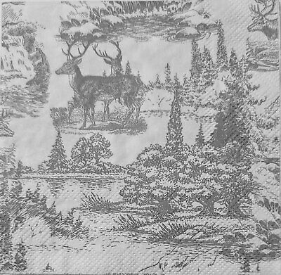 TWO Individual Paper Cocktail Decoupage Napkins - 1769 Silver Toile Reindeer