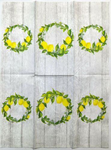 TWO Individual Paper Guest Decoupage Napkins-Citrus Wreath Lemons Wood Back 1088