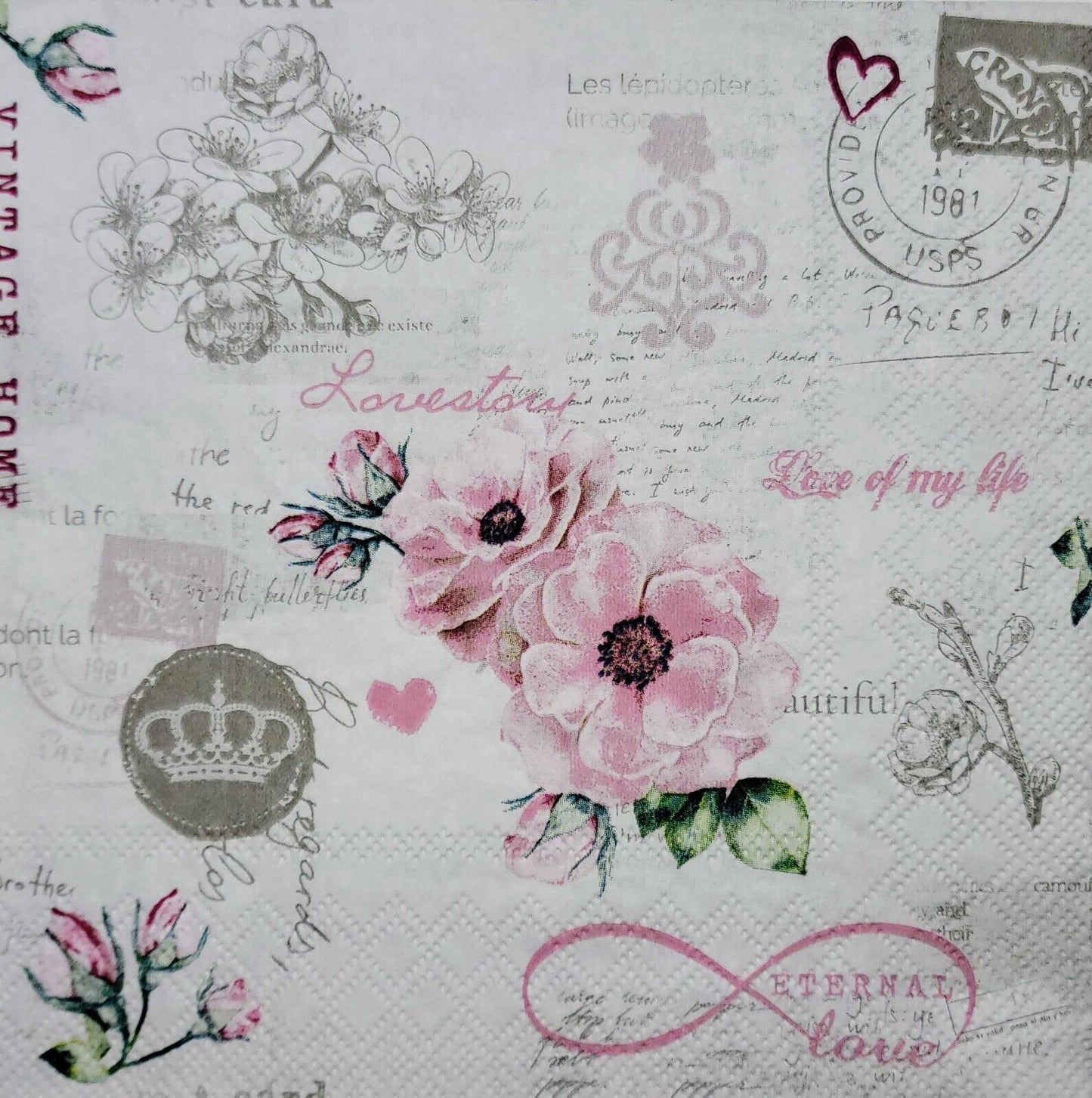 TWO Individual Paper Lunch Decoupage Napkins - 2371 Pink Eternal Love Vintage